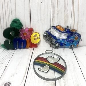 Vintage Haind Painted Stained Glass Christmas Groovy 1970's Ornaments Lot of 3